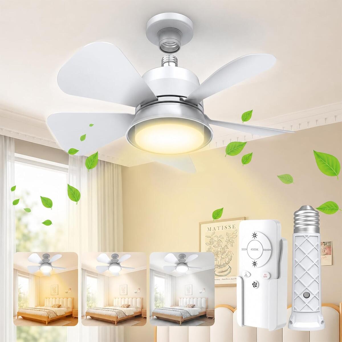Socket Fan Light with Remote, 3-Color 1000LM LED, 5 Dimming Levels, E26/E27 Base