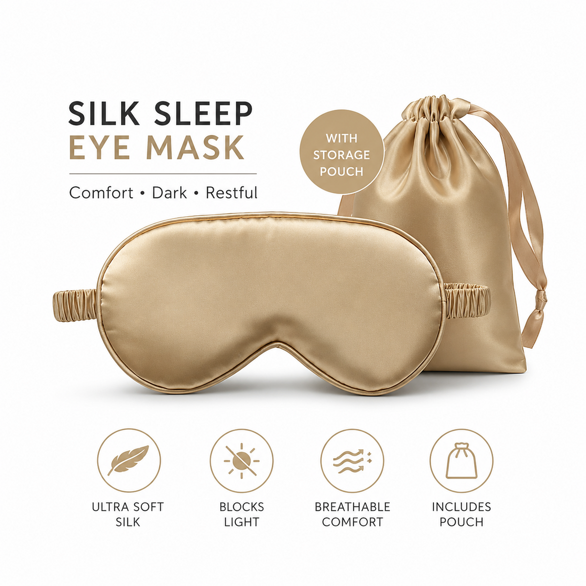 Luxury Satin Sleep Eye Mask with Matching Travel Pouch, Soft Blackout Sleeping Mask for Women & Men, Silk Feel Blindfold for Travel, Airplane, Naps, Relaxation & Night Sleep