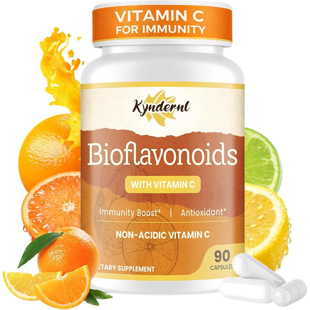 Immune Non-Acidic VIT C & Bioflavonoids, 1000mg, 90 Vegan Capsules Bioflavonoids Boost Vitamin C Absorption, Sourced From Acerola Cherry & Rose Hips, for Skin Health and Oxidative Defense