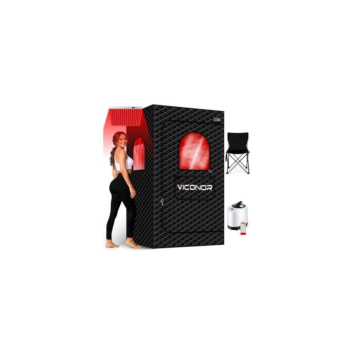 Viconor Infrared Sauna Box, Portable Steam Infrared Sauna Tent with Red Light Therapy for Home, Full Body Steam Indoor Sauna Box for Relaxation, 3L/1200W Steamer, 9 Levels Heat, Timer, Folding Chair