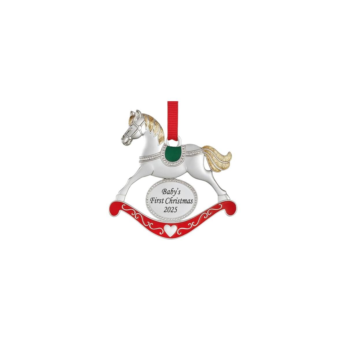 Baby’s First Christmas 2025 Ornament – Silver Rocking Horse with Red and Green Accents