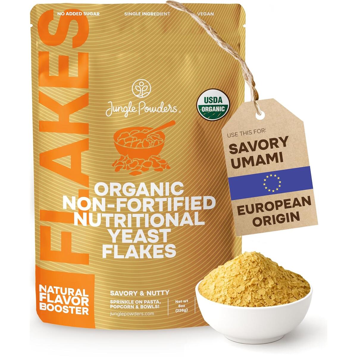 ungle Powders Organic Nutritional Yeast Flakes 8 Ounce Bag, Non-Fortified Unfortified Nooch, Savory Vegan Cheese Seasoning with Natural B-Vitamins, Gluten Free, Non-GMO, No Fillers or Preservatives Visit the Jungle Powders Store