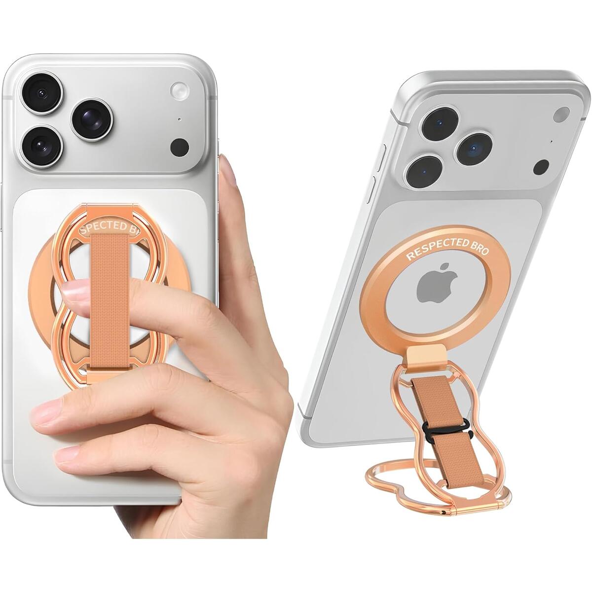 RESPECTED-BRO-Magnetic-Phone-Grip-Stand-with-Finger-Strap, 4-in-1 Magnetic Ring Holder, Kickstand and Elastic Strap for Phones, Universal Fit for iPhone 17/16/15/14/13/12, Android and Cases(Rose Gold)