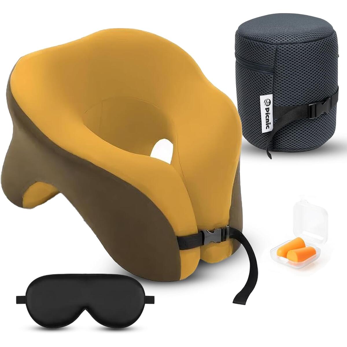 Memory Foam Travel Neck Pillow w Eye Mask & Bag for Airplane & Car