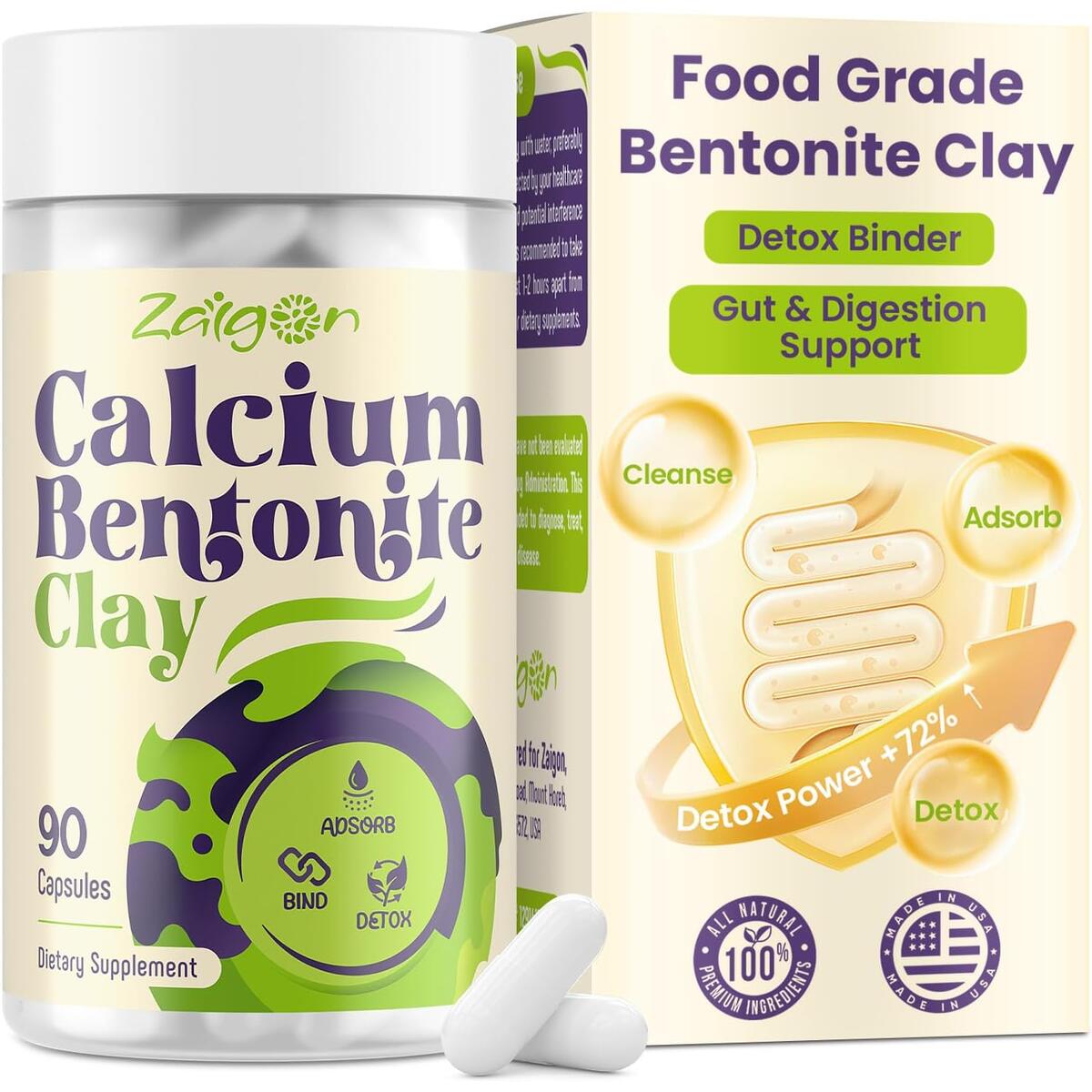 Calcium Bentonite Clay Detox Capsules | Detox Binder for Colon Cleanse & Gut Health | Food Grade Clay 1600mg Binds Mold, Heavy Metals | Detox Cleanse for Women & Men, Clean Label - 90 Capsules