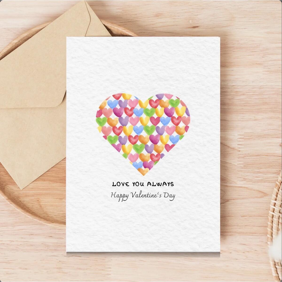 Valentines Cards, Watercolor Hearts Minimalist Greeting Card (Digital Download)
