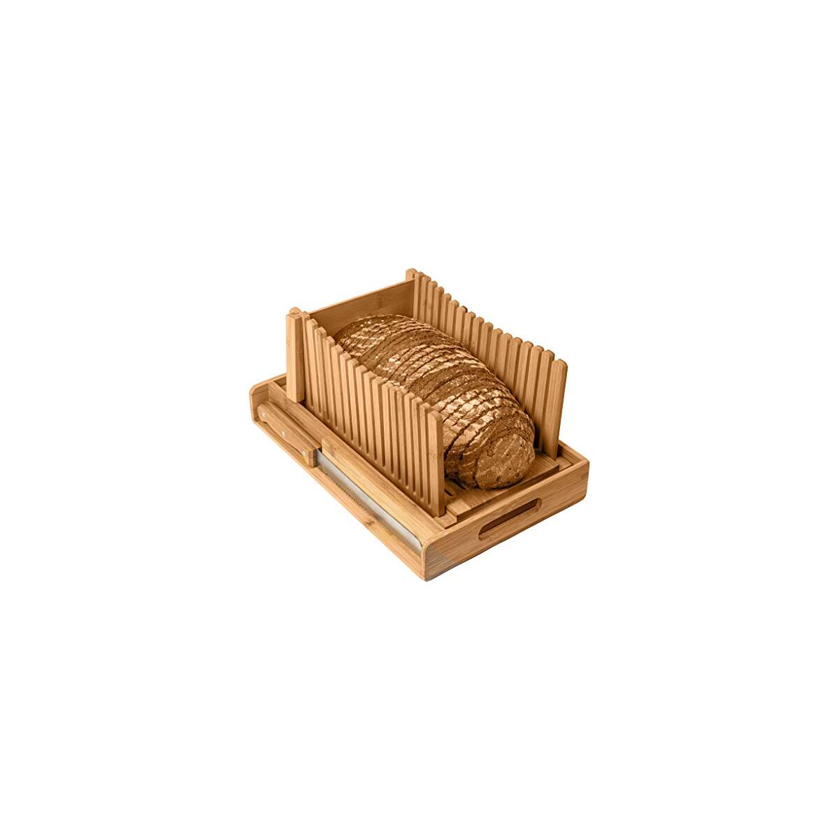 Bamboo Bread Slicer with Crumb Tray Bamboo Bread Cutter for Homemade Bread, Loaf Cakes, Bagels Slicer, 3 Slice Sizes, Adjustable, Compact, Foldable
