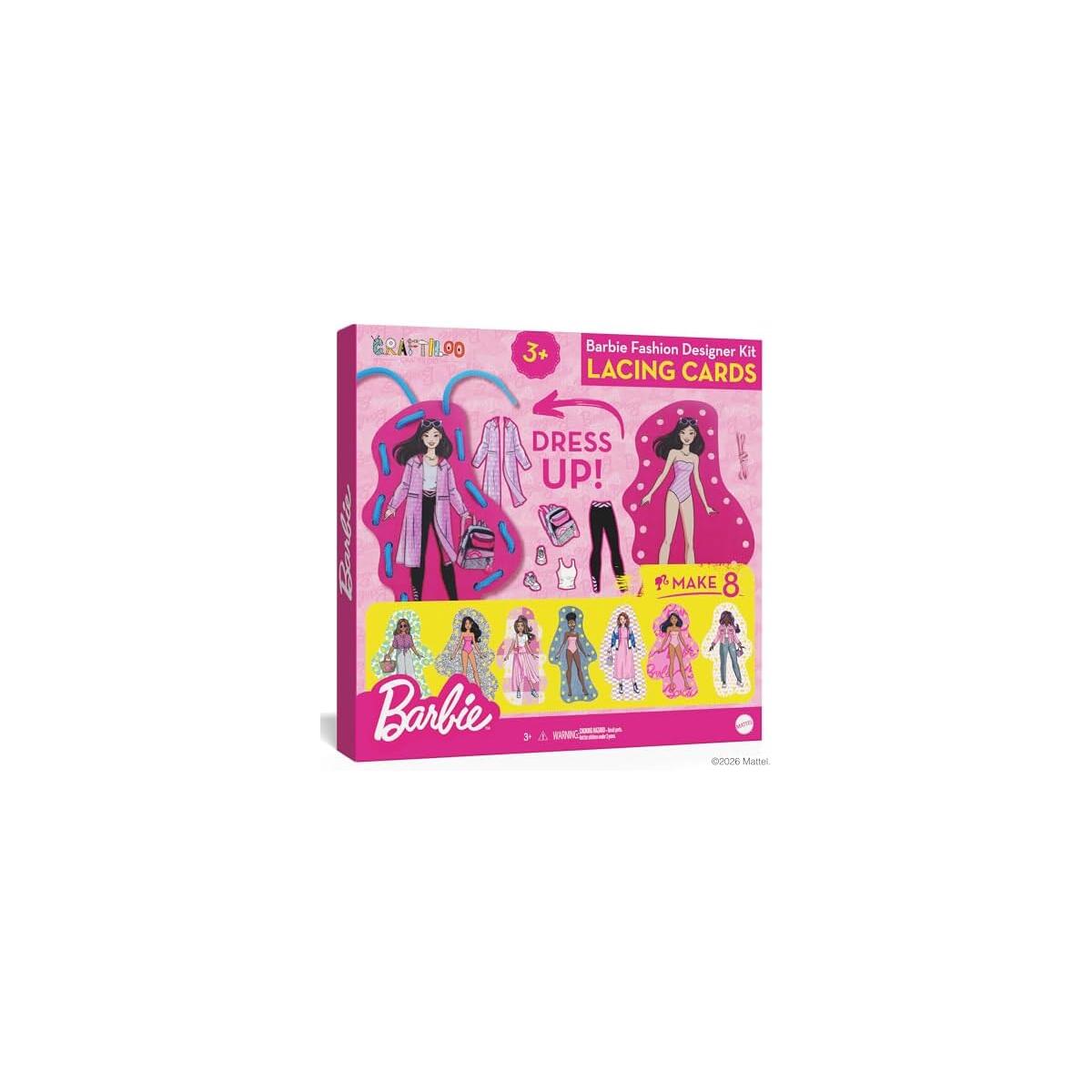 Officially Licensed Barbie&reg; Lacing Cards for Kids Ages 3-5 - 8 Illustrated Sewing Cards with Felt Stickers, Toddler Threading Toy, Fine Motor Preschool Craft Kit for Girls Ages 4-8, Arts and Crafts