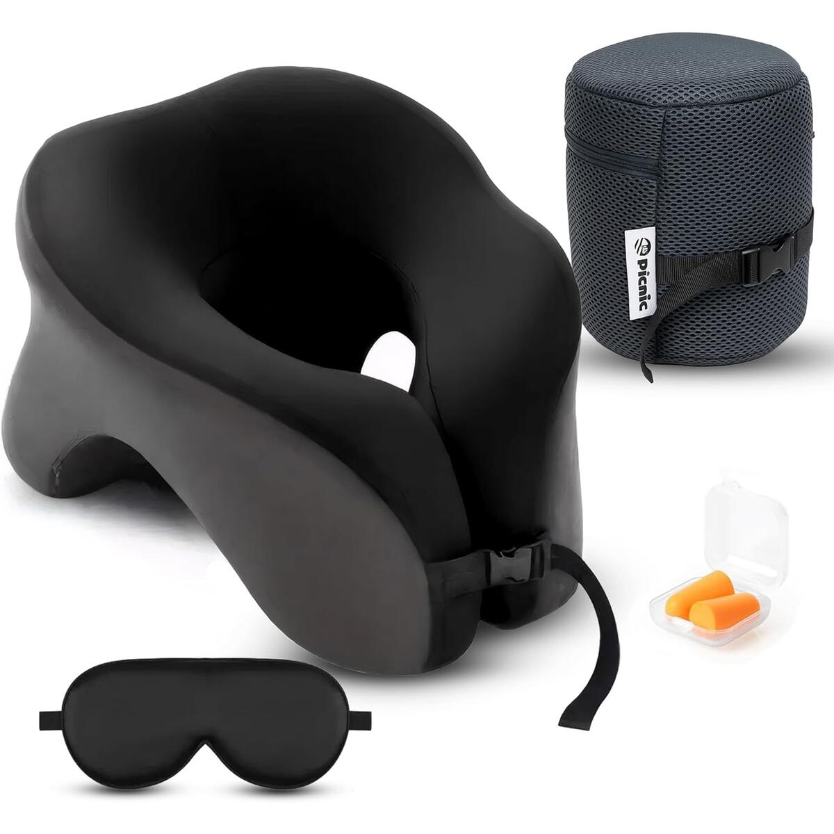 Memory Foam Travel Neck Pillow w Eye Mask & Bag for Airplane & Car