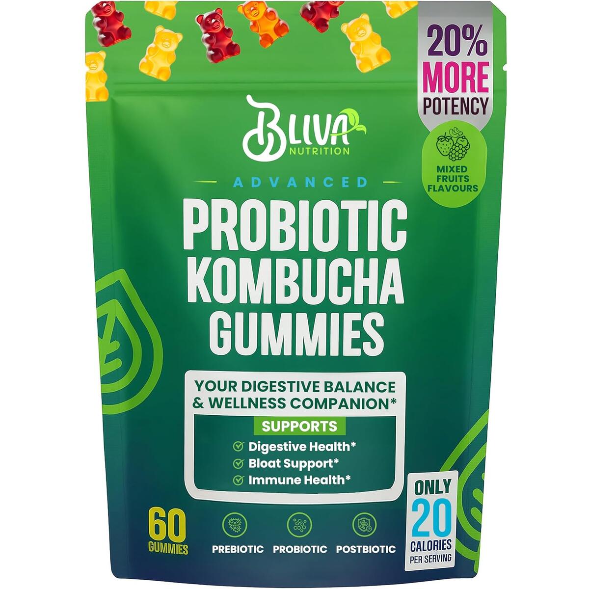 Probiotic Kombucha Gummies - Prebiotics, Probiotics, Postbiotics, Slippery Elm Bark & Fiber - Probiotics Gummy Supplement for Men & Women - 60 Gummies