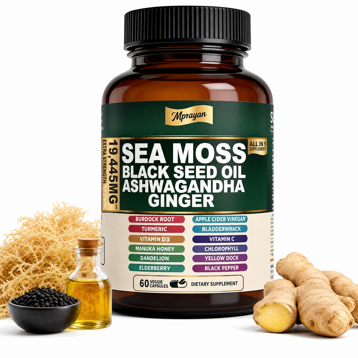 MPRAYAN Sea Moss Black Seed Oil Ashwagandha Capsules &ndash; 10-in-1 Irish Sea Moss Blend with Burdock Root, Bladderwrack & Ginger &ndash; 60 Capsules