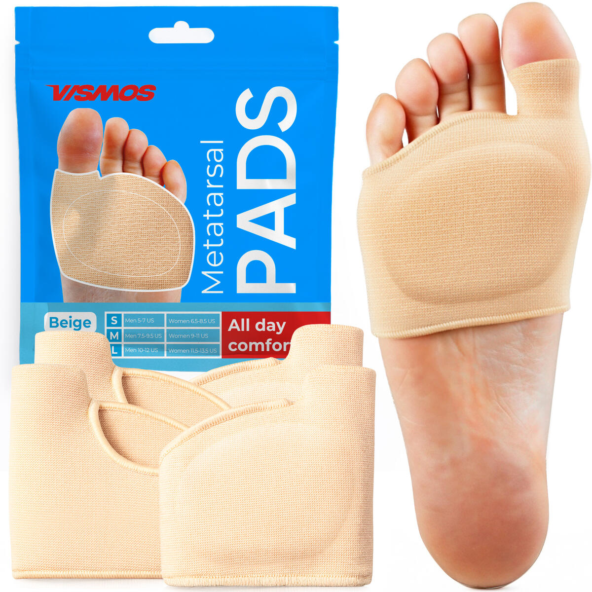 VISMOS 4 Original Metatarsal Pads for Women & Men &ndash; Ball of Foot Cushions for Pain & Pressure Relief &ndash; Soft Gel Inserts for Metatarsalgia, Morton&rsquo;s Neuroma & Callus Support (4 Sleeves / 2 Pairs)