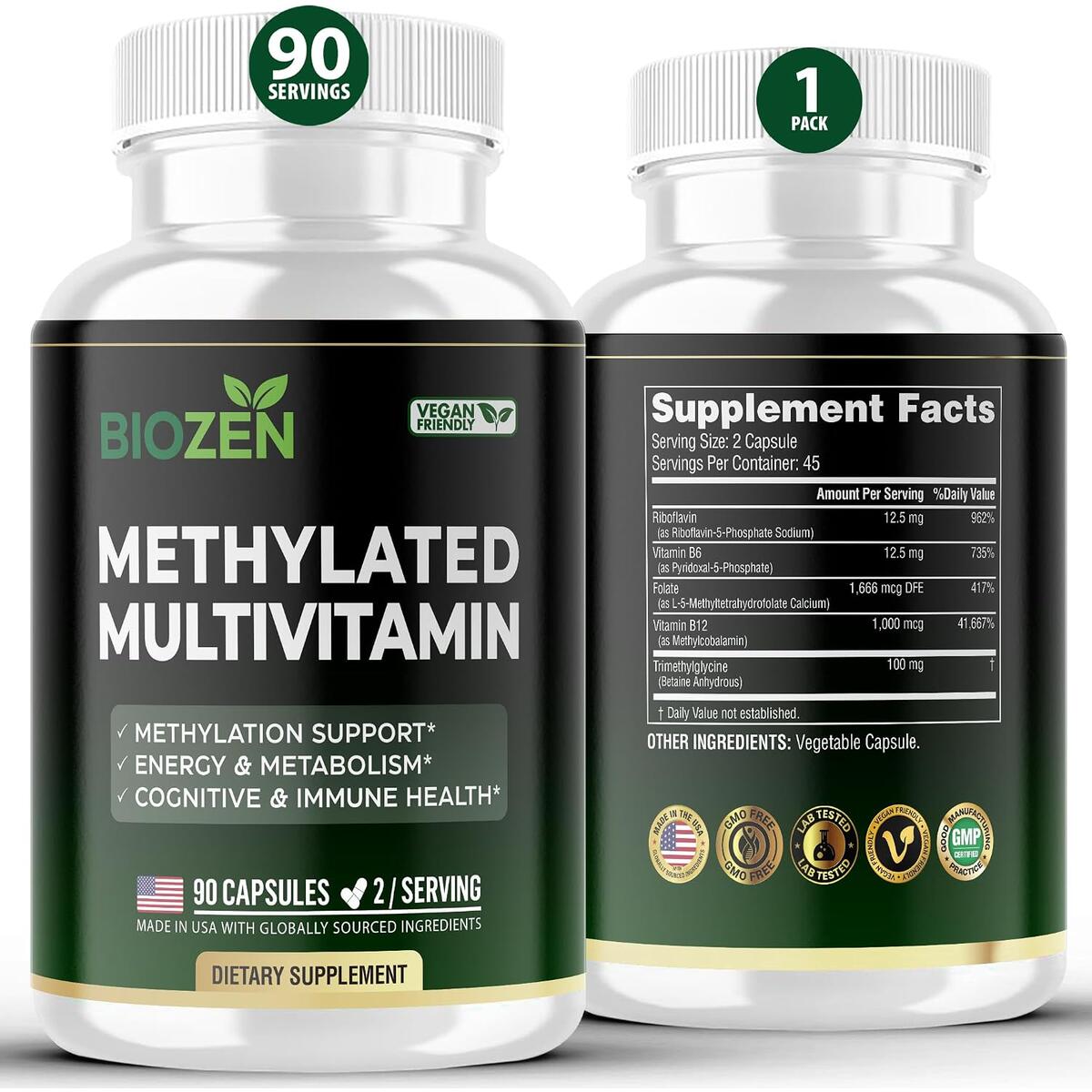 Methylated Multivitamin | Methylated B Complex with TMG & Methylfolate 5-MTHF | Methylcobalamin B12, P5P B6, Homocysteine Support | Energy, Focus & Mood | 90 Vegan Capsules | Non-GMO, GMP