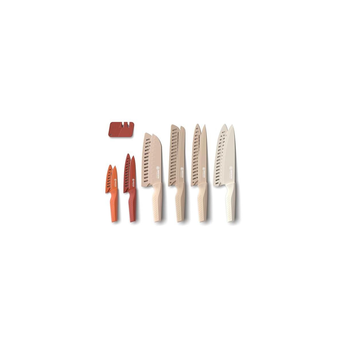 Brewin Knife set, 13 Pieces Kitchen Knives Set with Sharpener, Anti-Rust Coating and Blade Guard, Home Essentials, Camping Essentials - Muliticolor