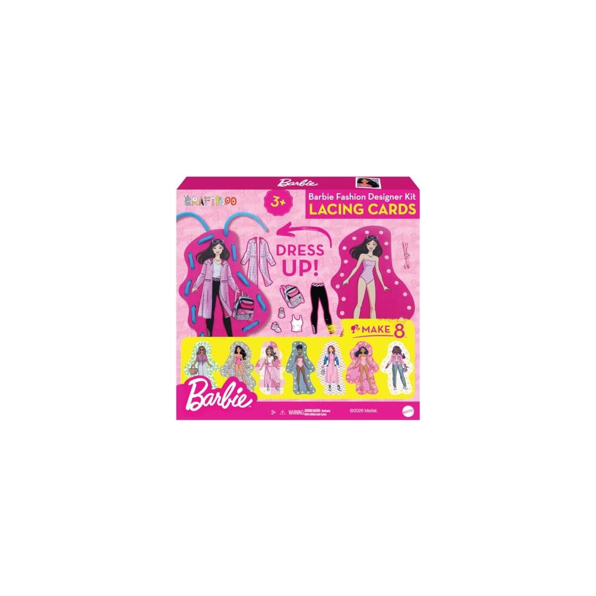 Officially Licensed Barbie&reg; Lacing Cards for Kids Ages 3-5 - 8 Illustrated Sewing Cards with Felt Stickers, Toddler Threading Toy, Fine Motor Preschool Craft Kit for Girls Ages 4-8, Arts and Crafts