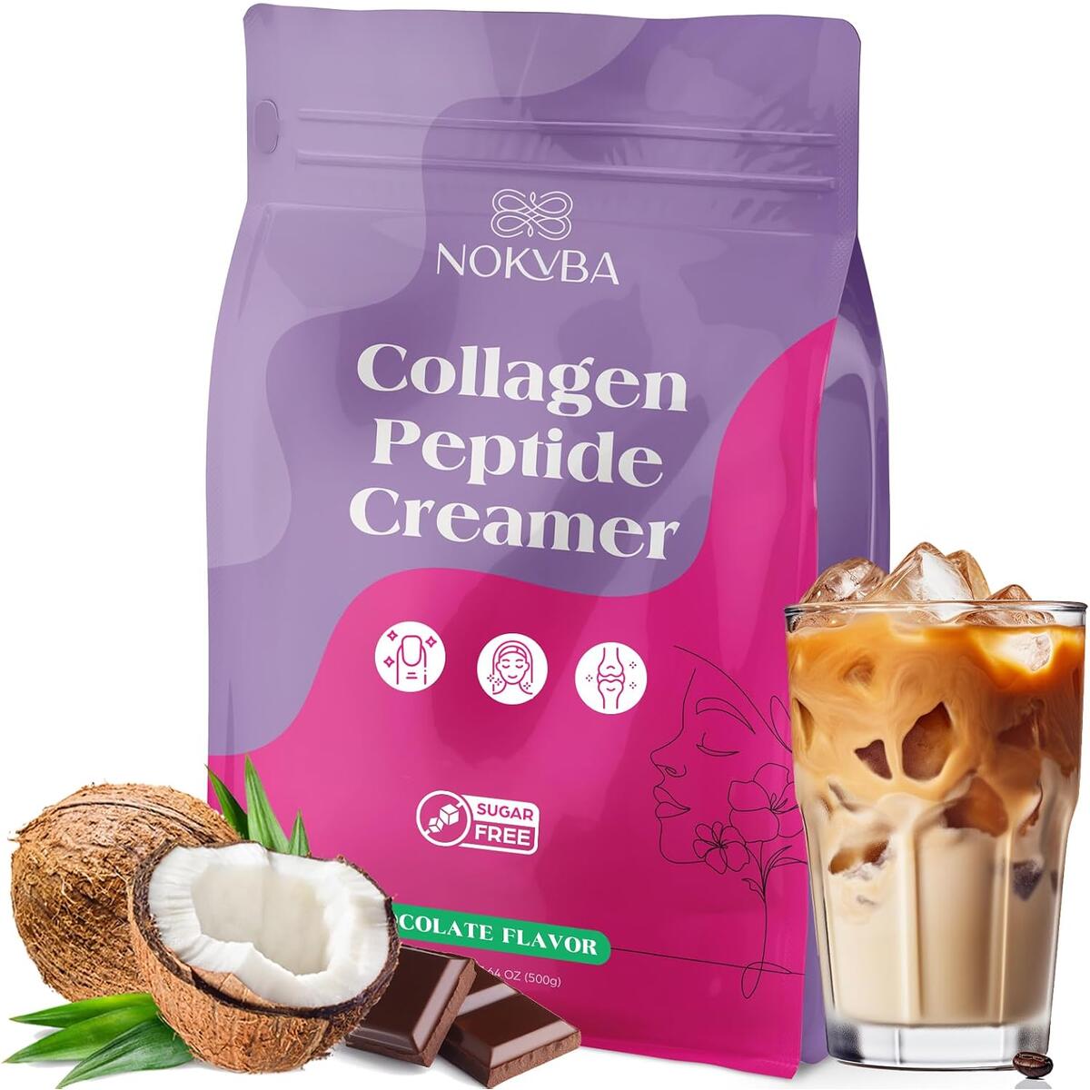 Collagen Peptides Coffee Creamer Powder with Hyaluronic Acid for Hair, Skin, Nails & Gut Health, Chocolate Flavor (20 Servings)