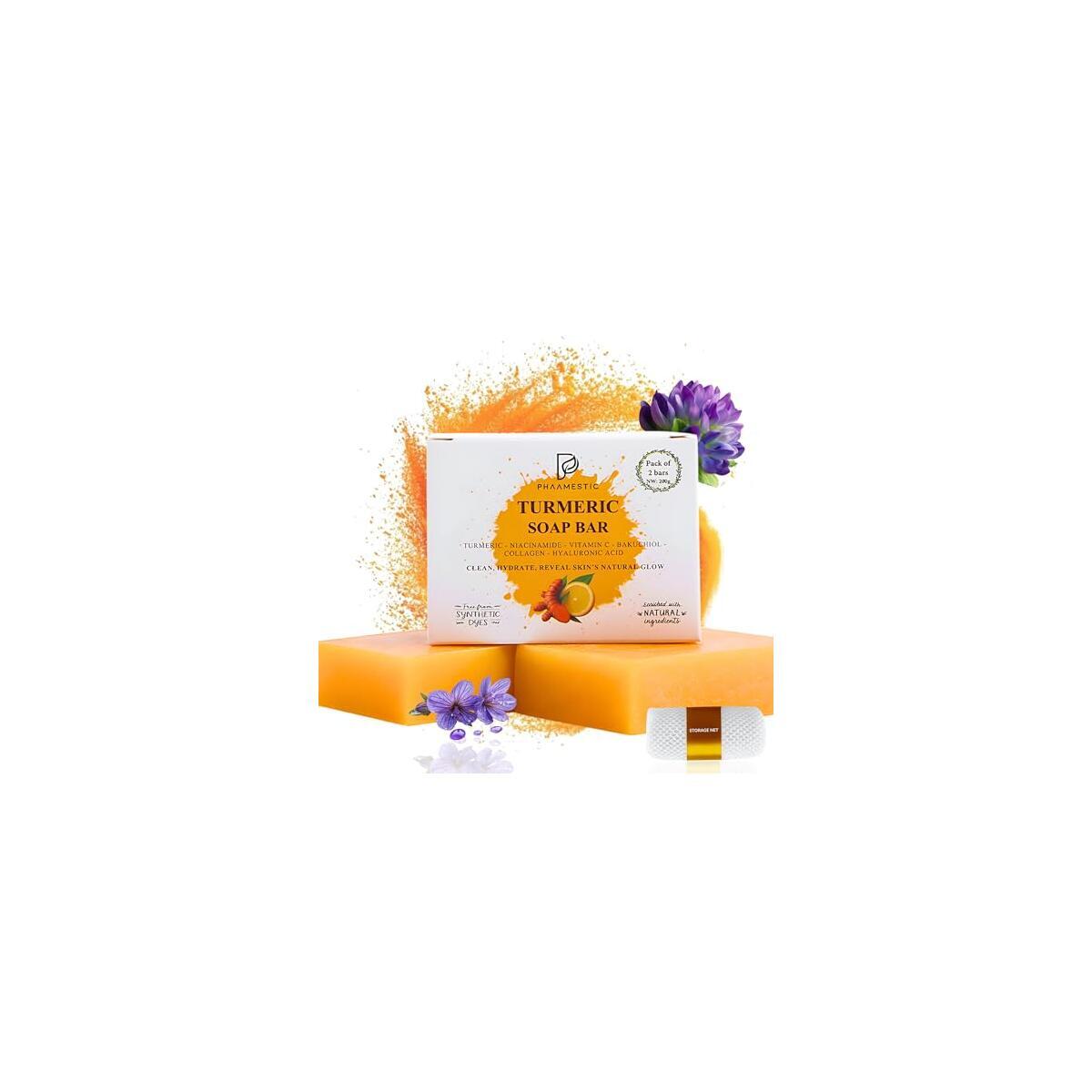 Turmeric Soap Bar for Face & Body - Turmeric Soap with Bakuchiol, Niacinamide, Hyaluronic Acid to Improve Skin Texture, Radiance & Smoothness-face wash bar for Acne-Prone, Sun-Exposed Skin (Pack of 2)