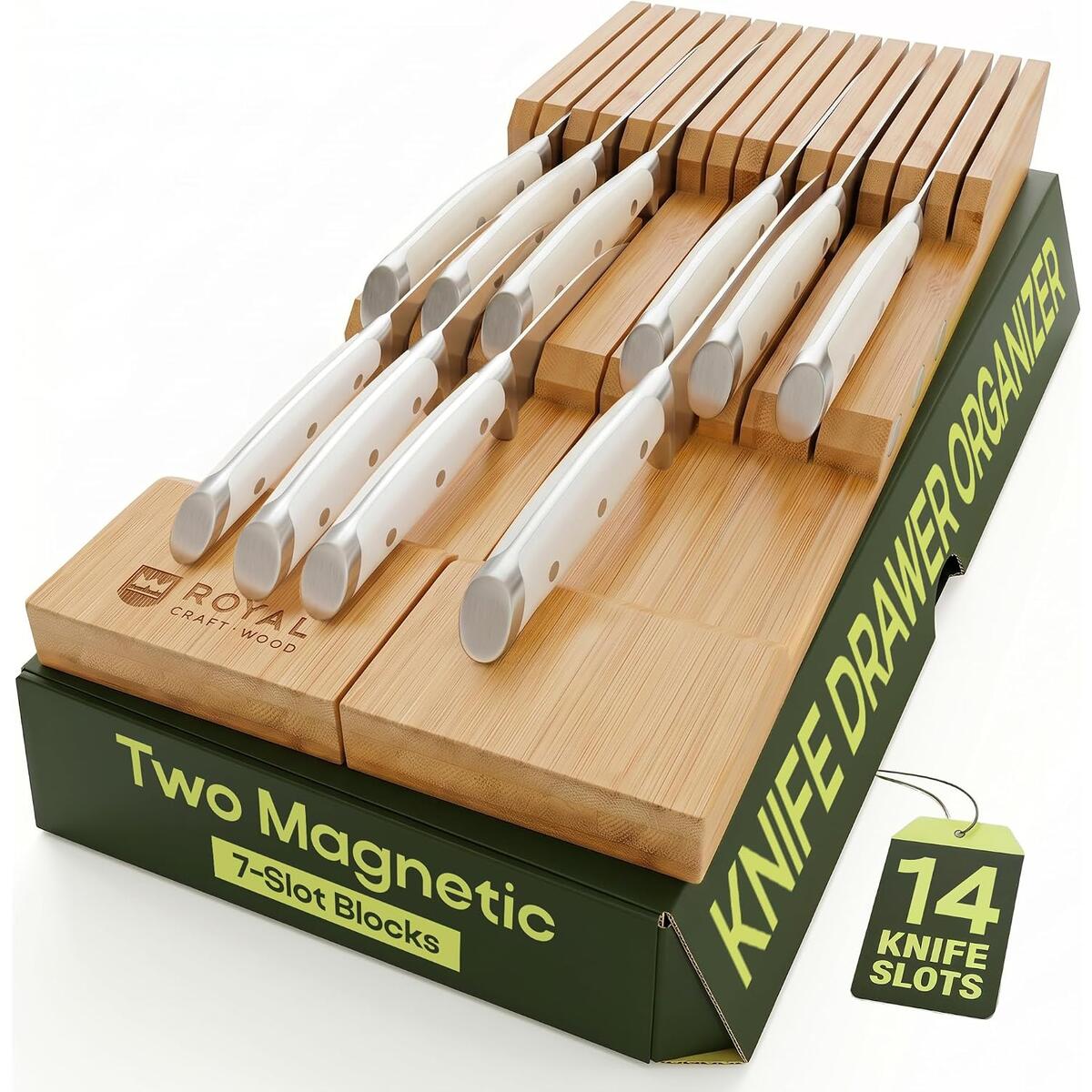Knife Drawer Organizer - Bamboo In-Drawer Knife Block for 14 Knives &ndash; Premium Drawer Knife Organizer Insert, Kitchen Knife Holder for Safe Knife Storage, Compact Kitchen Organization & Drawer Storage