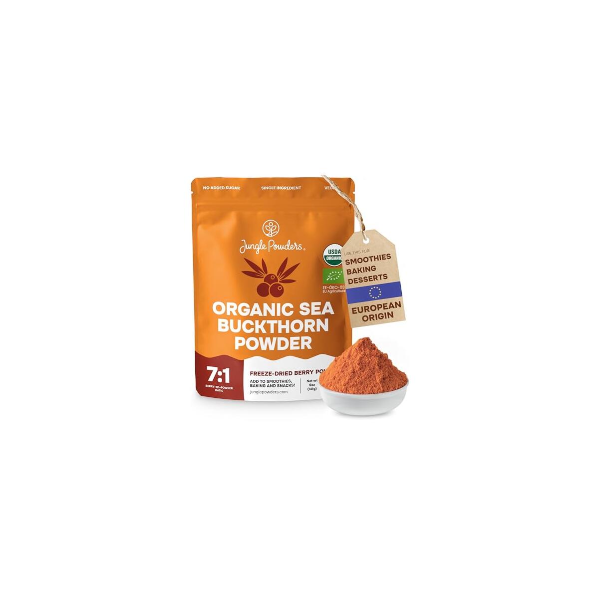 Jungle Powders Sea Buckthorn Berry Powder Organic 5 Ounce Bag - Antioxidant-Rich USDA Certified Freeze Dried Seabuckthorn High in Fiber, Omega 3,6,7,9 No Sugar Added for Baking, Juice, Smoothies, Tea