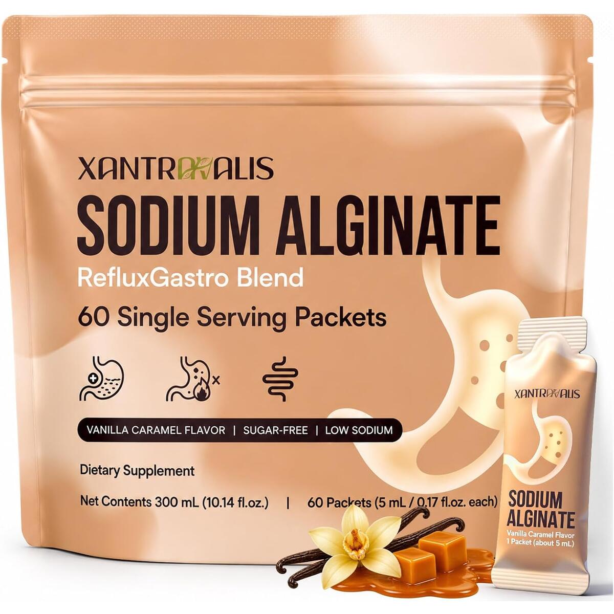 Sodium Alginate Supplement | Alginate Blend Digestive Comfort Formula with Sodium Bicarbonate, Calcium Carbonate, Aloe Vera & Banana | Sugar Free | Vanilla Caramel Flavor | 60 Liquid Packets