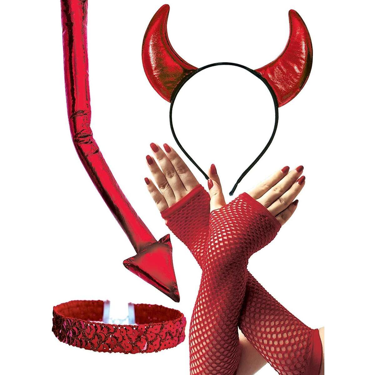 Devil Costume Accessories Women Red Devil Horns Demon Tail Halloween Diablo