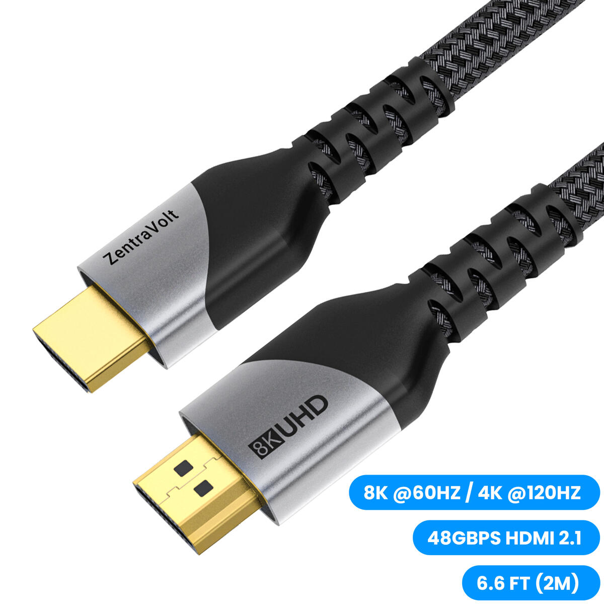 ZentraVolt 8K HDMI Cable 6.6ft - eARC Nylon Braided 48Gbps HDMI 2.1 Cable Supporting 4K@120Hz, 8K@60Hz - 1 Pack
