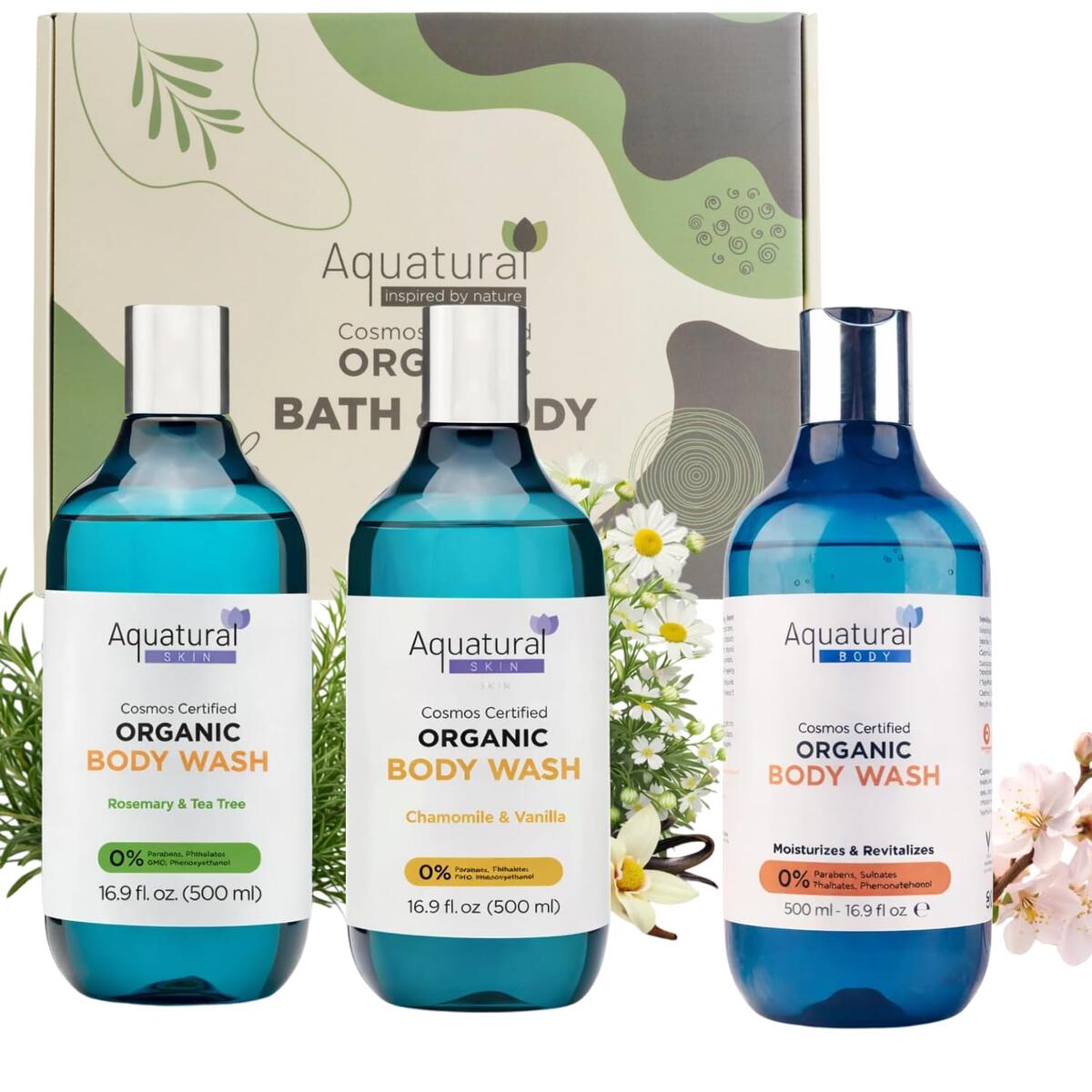 Body Wash for Women Gift Set & Men, Body Moisturizer, Unisex Natural Body Care, Paraben Sulfate Free Shower Gel, Soft & Nourished Rosemary & Tea Tree - Chamomile & Vanilla - Lavender Mint