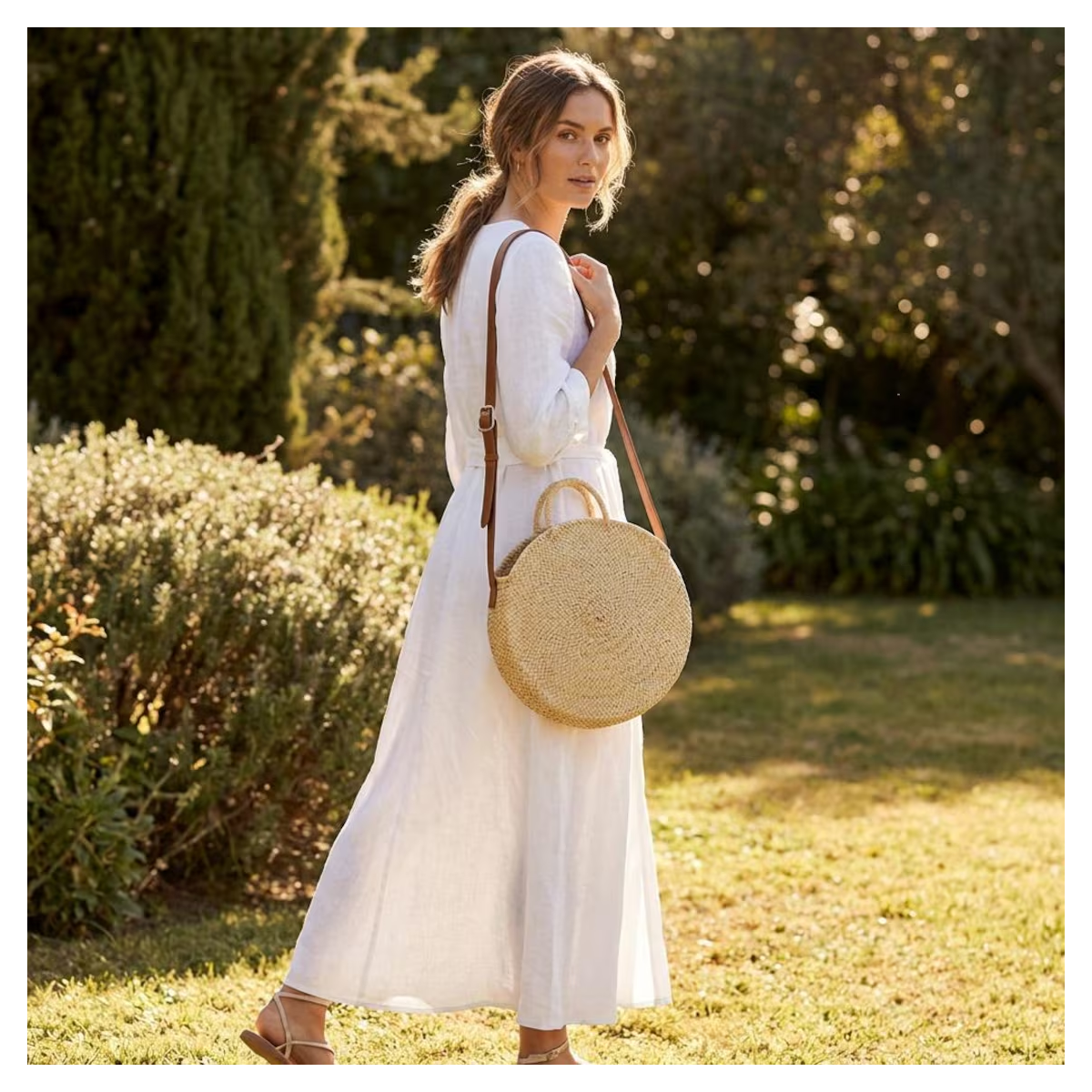 Handwoven Moroccan Straw Bag &ndash; Round Boho Leather Strap Crossbody Purse