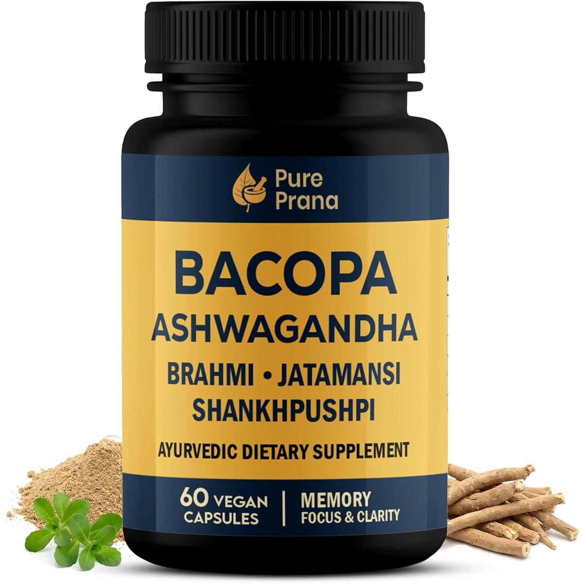 Pure Prana Ayurvedic Brain Supplement Capsules with Brahmi, Ashwagandha & Gotu Kola - Plant-Based Nootropic Cognitive Wellness Formula for Daily Focus - Vegan Clarity for Men Women - 60 Capsules