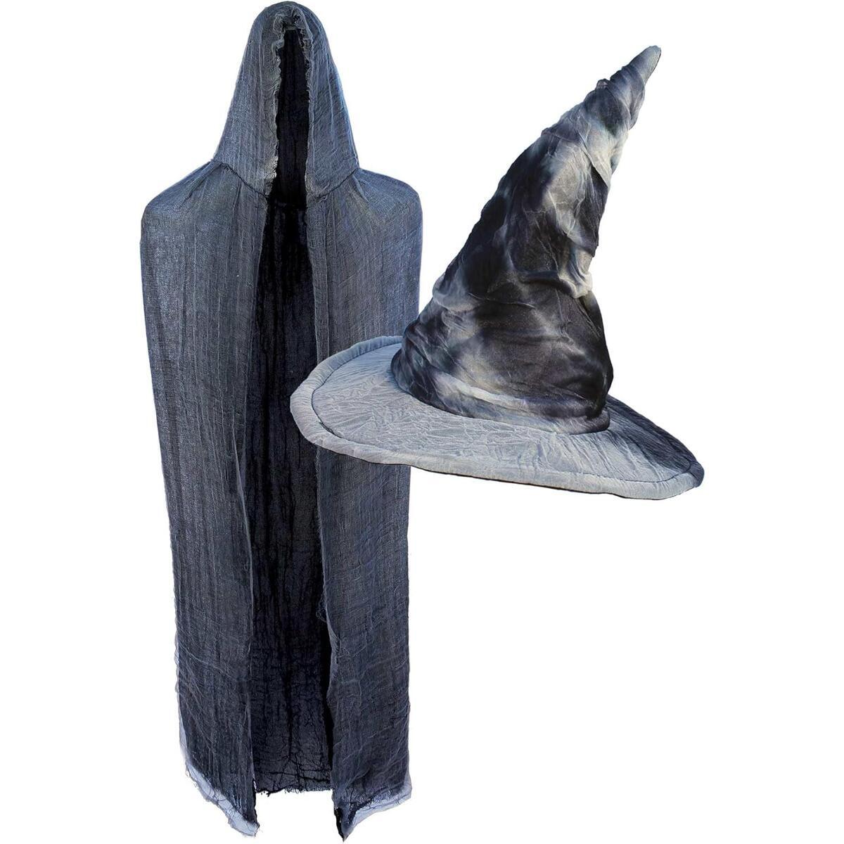 Rustic Grey Wizard Costume Set with Wizard Hat Grey and Gray Distressed Cloak Cape for Halloween & Cosplay 2 PC Accessory
