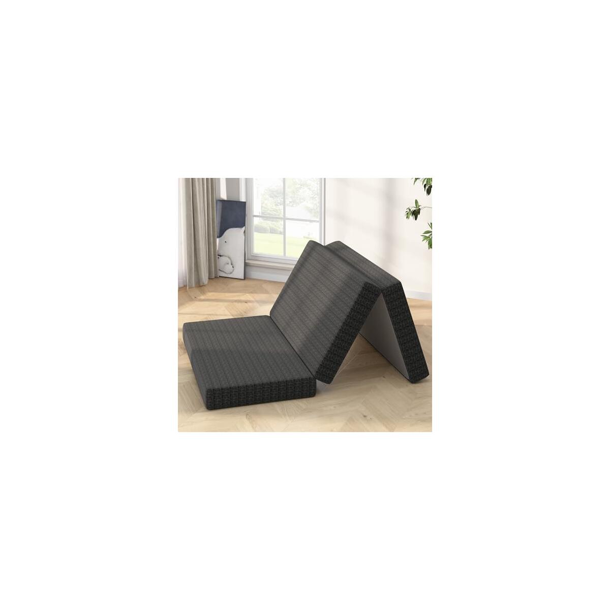 4 Inch Tri-Fold Mattress Queen Size, Portable Memory Foam Guest Bed with CertiPUR-US Certified Cooling Gel & Washable Cover, Folding Mattress for Camping, Dorm, RV & Living Room, Black