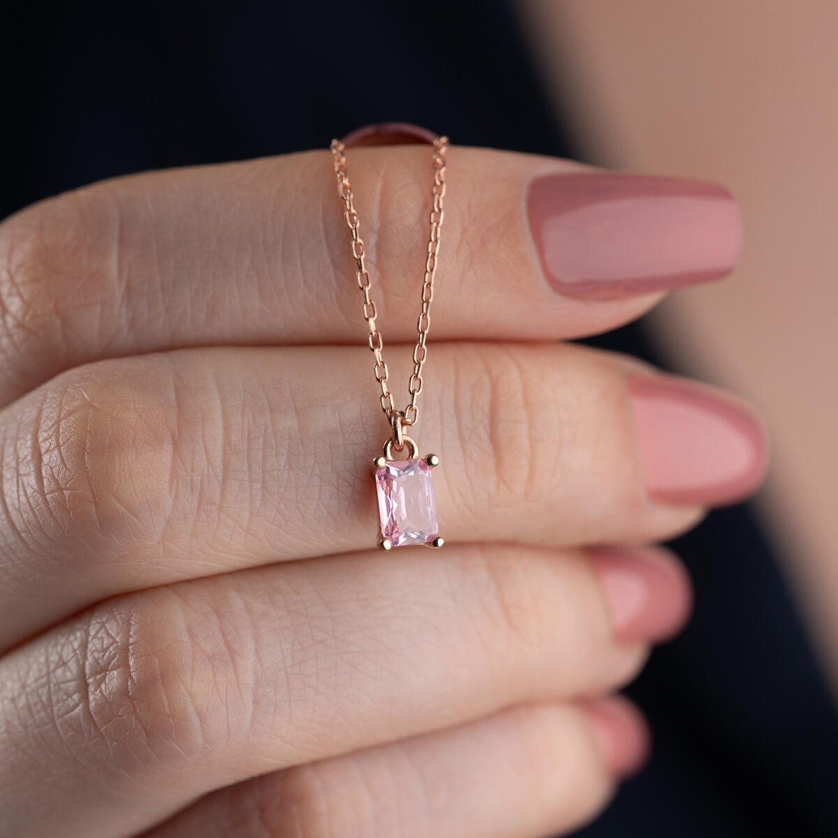Sterling Silver Pink Baguette Necklace