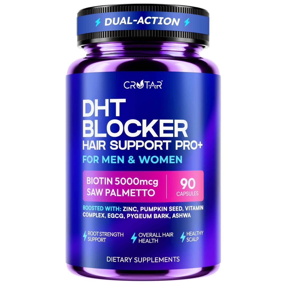 Crotar DHT Blocker for Women & Men | Dual Action Hair Growth Supplement | Saw Palmetto and Pumpkin Seed Oil, Biotin 5000 mcg, Zinc | Hair & Scalp Support Herbal Complex | 90 Capsules