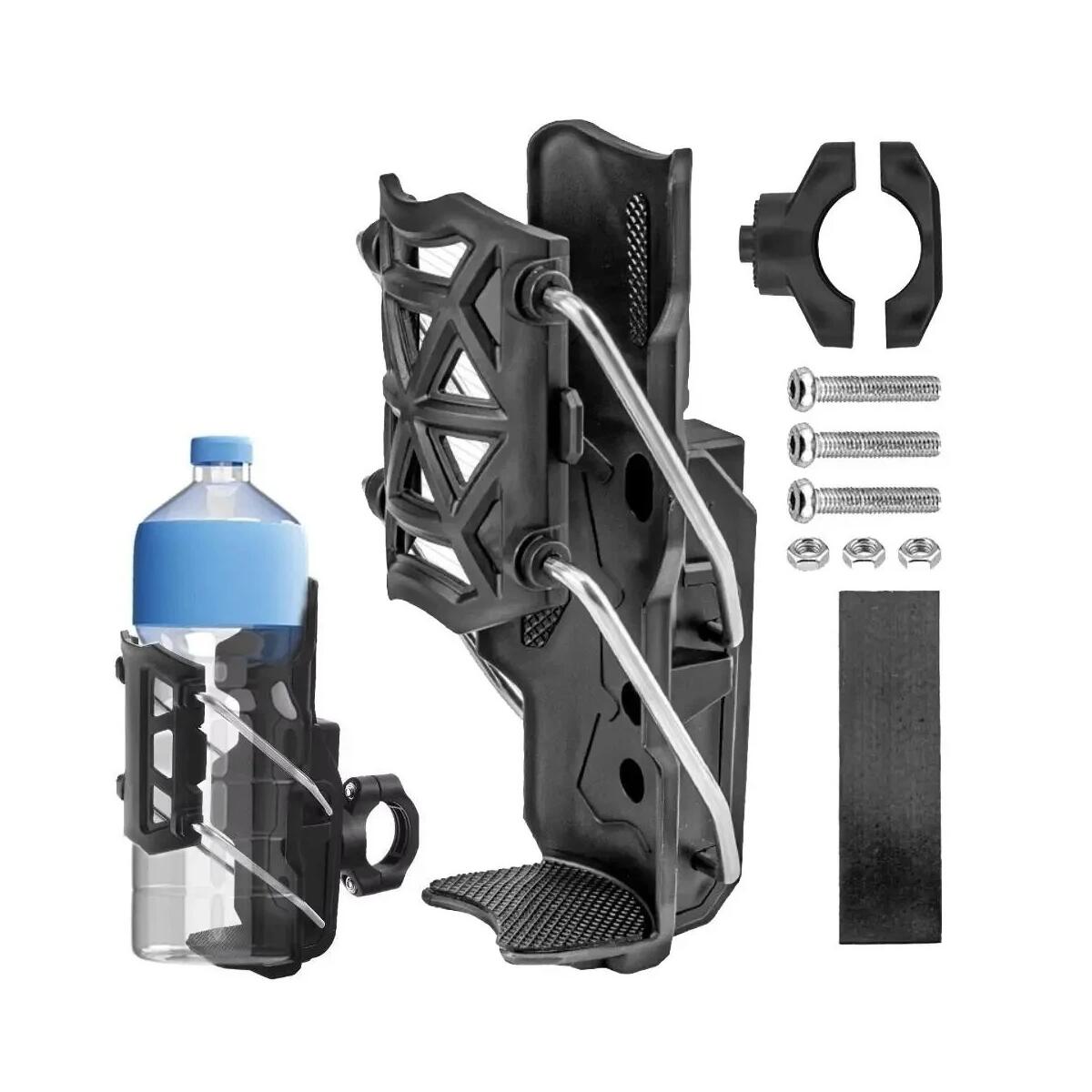 Self-Adjusting Bike and Motorcycle Cup Holder, Fits 32&ndash;77 mm Bottles, 22&ndash;25 mm Tube Clamp, 360&deg; Rotating Base, ABS Body with Stainless Steel Frame, Horizontal or Vertical Mount, Installation Hardware Included
