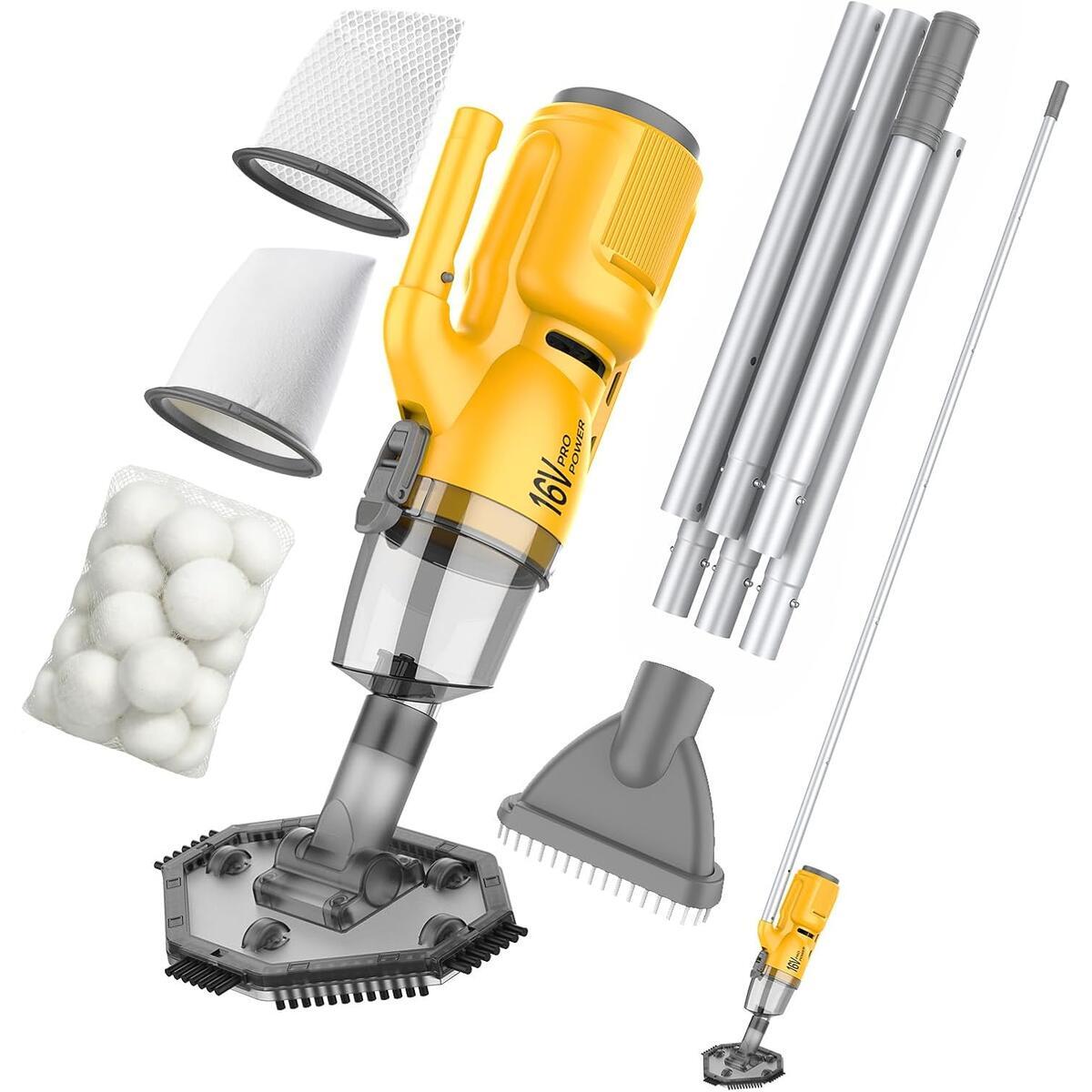 16V Cordless Handheld Pool Vacuum with 3-Stage 3D Micro-Filtration, 45W 26kPa Hyper Suction, 2 Filters, 3D Fiber Balls, XL Canister, 7ft Pole & 2 Heads, for Inground & Above Ground Pools, Spas