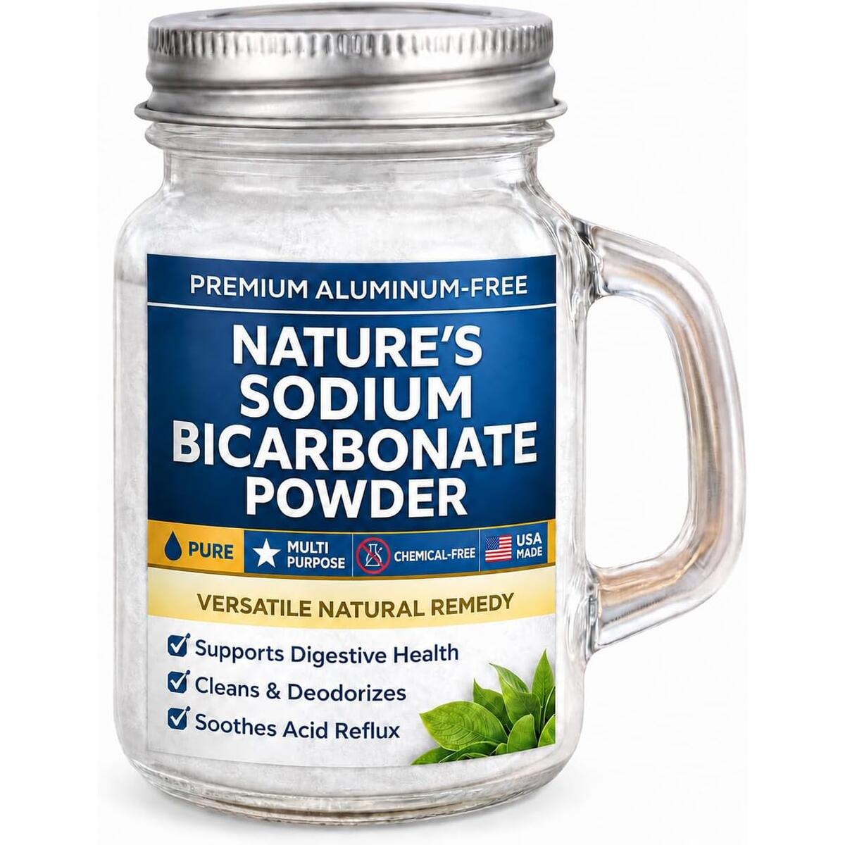 Organic Use Aluminum Free Sodium Bicarbonate Bulk Supplement Powder in Mason Jar with Lid & Spoon - Food Grade & Organic Use Baking Soda for pH Balance, Kidney Health, Antacid & Detox Support 16 Oz.