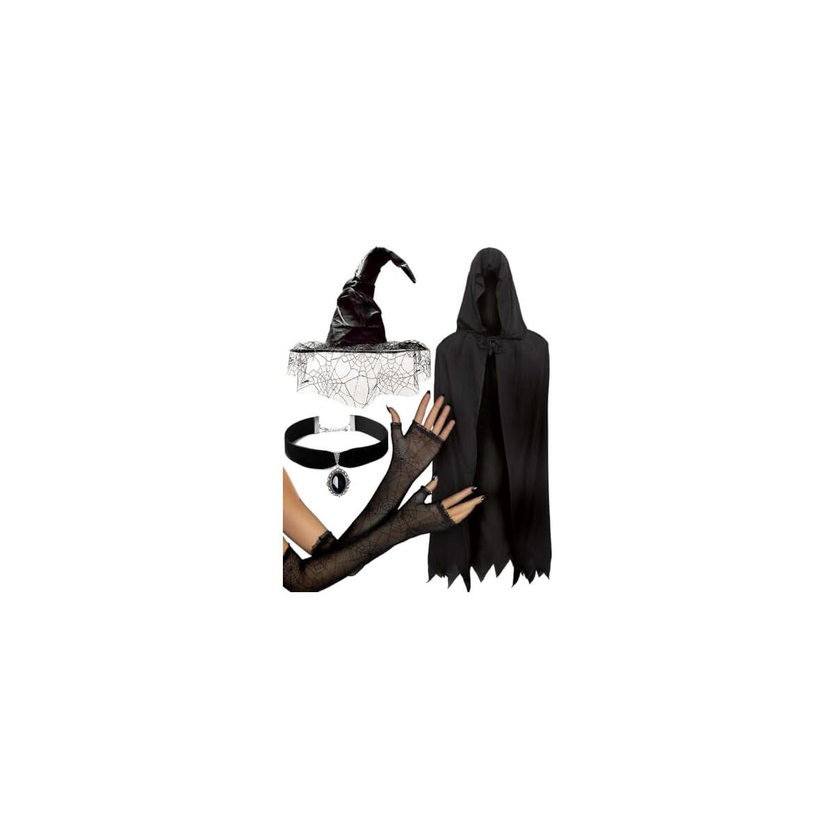 Witch Accessories for Women Sexy Witch Costume; Disfraz de Bruja Para Mujer | Black Witches Hat, Witch Hat and Cape Women Bruja Costume Spiderweb Arm Sleeves Halloween, Witch Hat and Gloves Sexy Woman