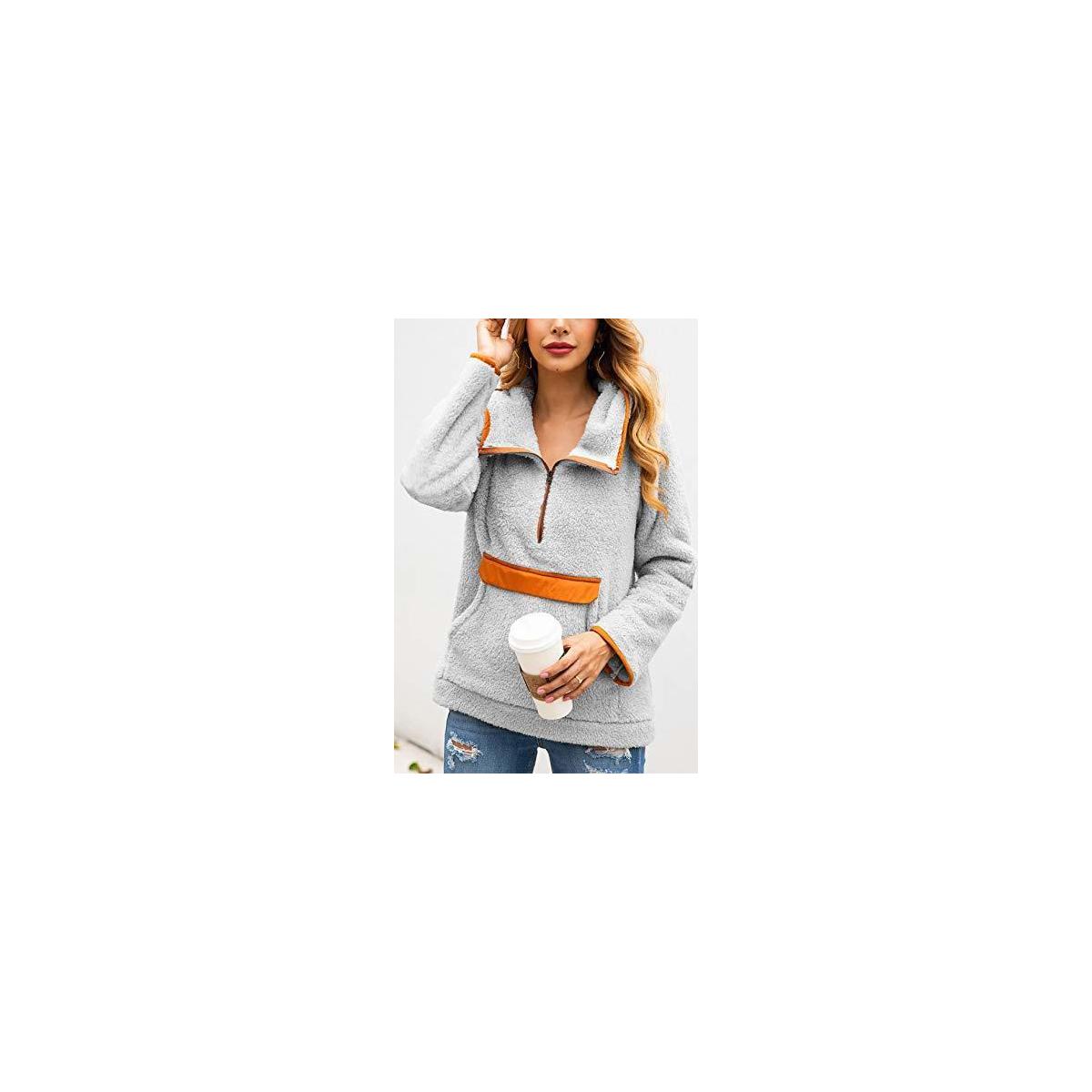 GRMO Women Soft Teddy Fleece Hooded Plush Long Sleeve Zip-up Sweatshirt Jacket Coat