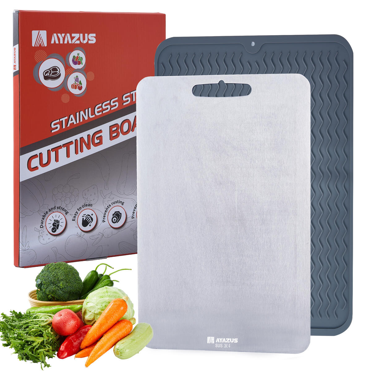 Stainless Steel Cutting Board with Silicone Drying Mat - Non-Slip, Easy-to-Clean, Oval Edges, Food-Grade, Double-Sided, Heat-Resistant - Perfect for Kitchen set, 11.4 x 9.8 inch