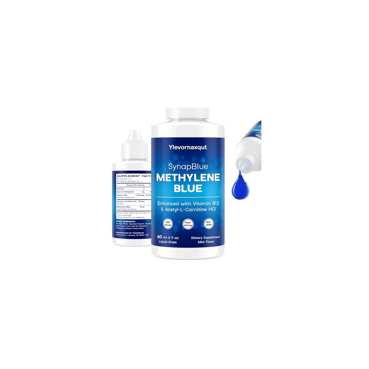 Methylene Blue Drops for Humans, 1% USP Grade, Touch&ndash;Free Dropperless Bottle, with ALCAR, Caffeine&ndash;Free, Mint Flavor, 2oz