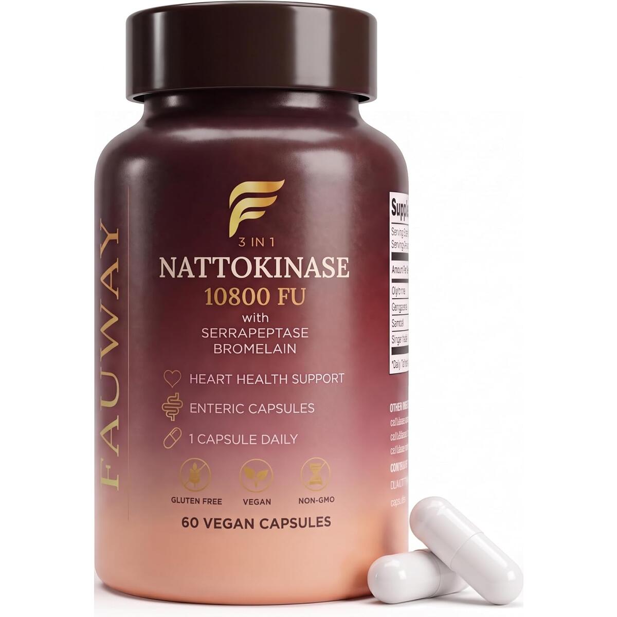 Nattokinase 10,800 FU with Serrapeptase & Bromelain &ndash; 60 Vegan Capsules, 2-Month Supply