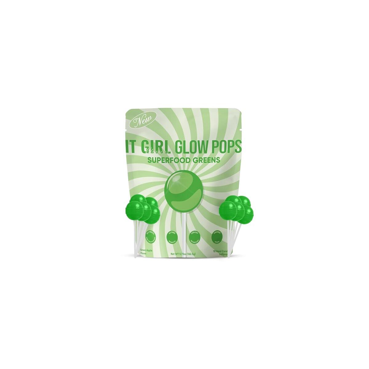 Glow Pop Superfood Greens Lollipops - Daily Greens Powder Multivitamin Candy with Probiotics, Fiber, Vitamins C, B6, B12 & Zinc for Gut Health, Debloat, Beauty, Immunity, Energy & Metabolism - Vegan, Low Sugar, Green Apple