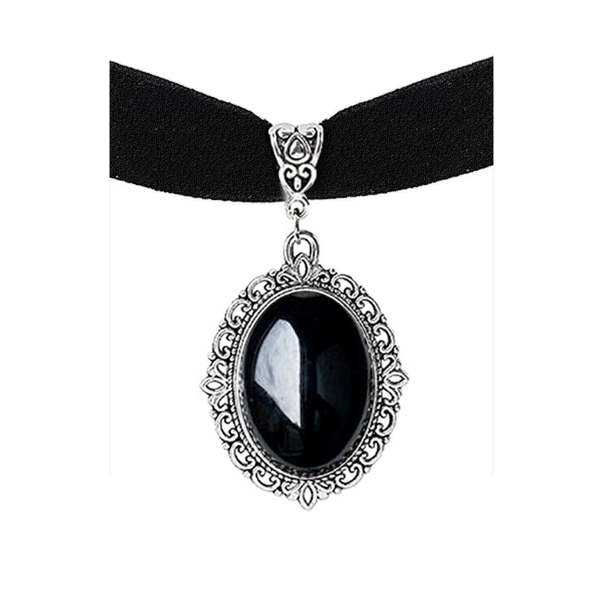 Goth Choker Pirate Necklace for Women Black Gothic Jewelry Grunge Style Silver Finish Pewter Frame Pendant Witch Costume Accessories Halloween Vampire Accessories