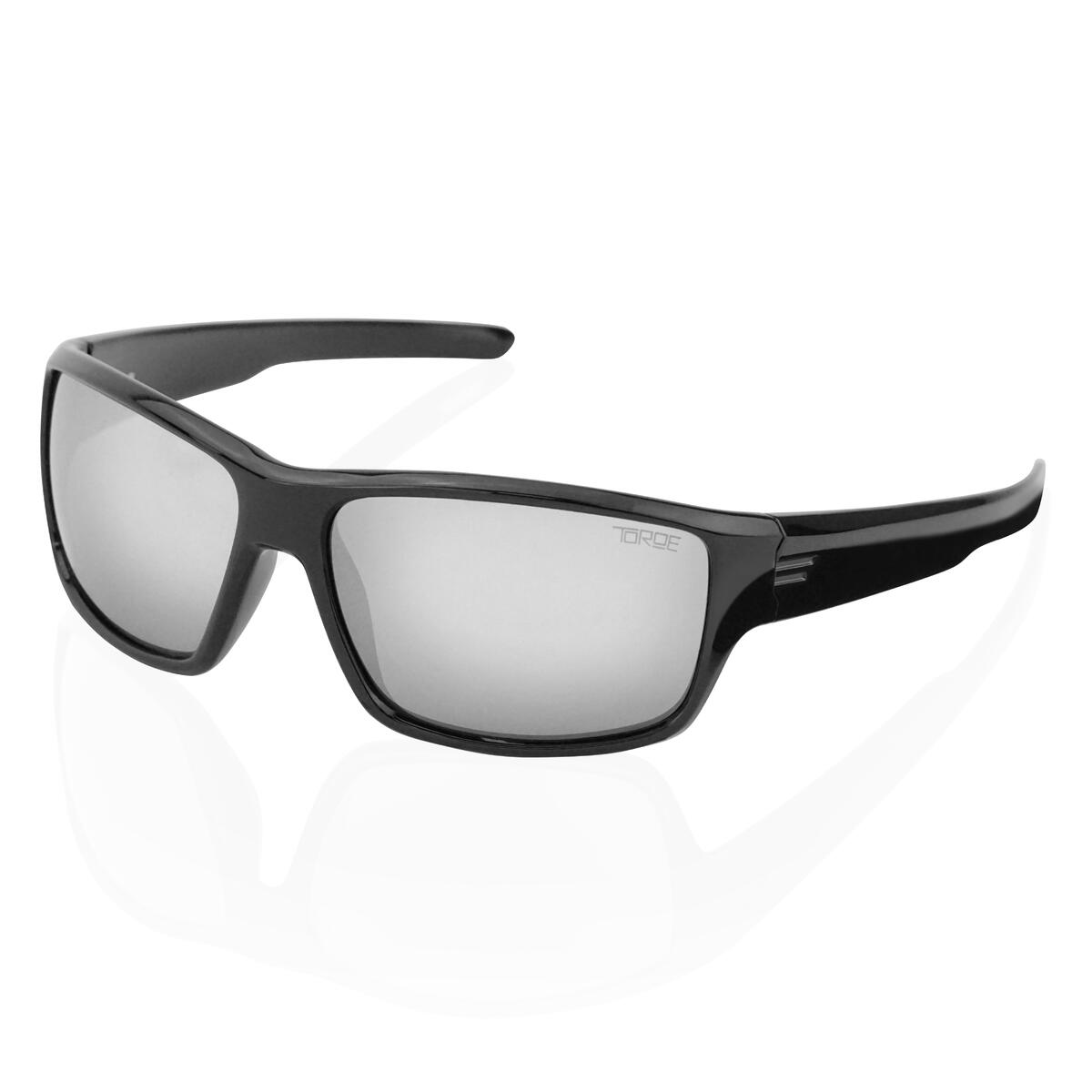 FIELD Glossy Frame Polarized Wrap Around Sunglasses - Black Emblem Silver Mirror