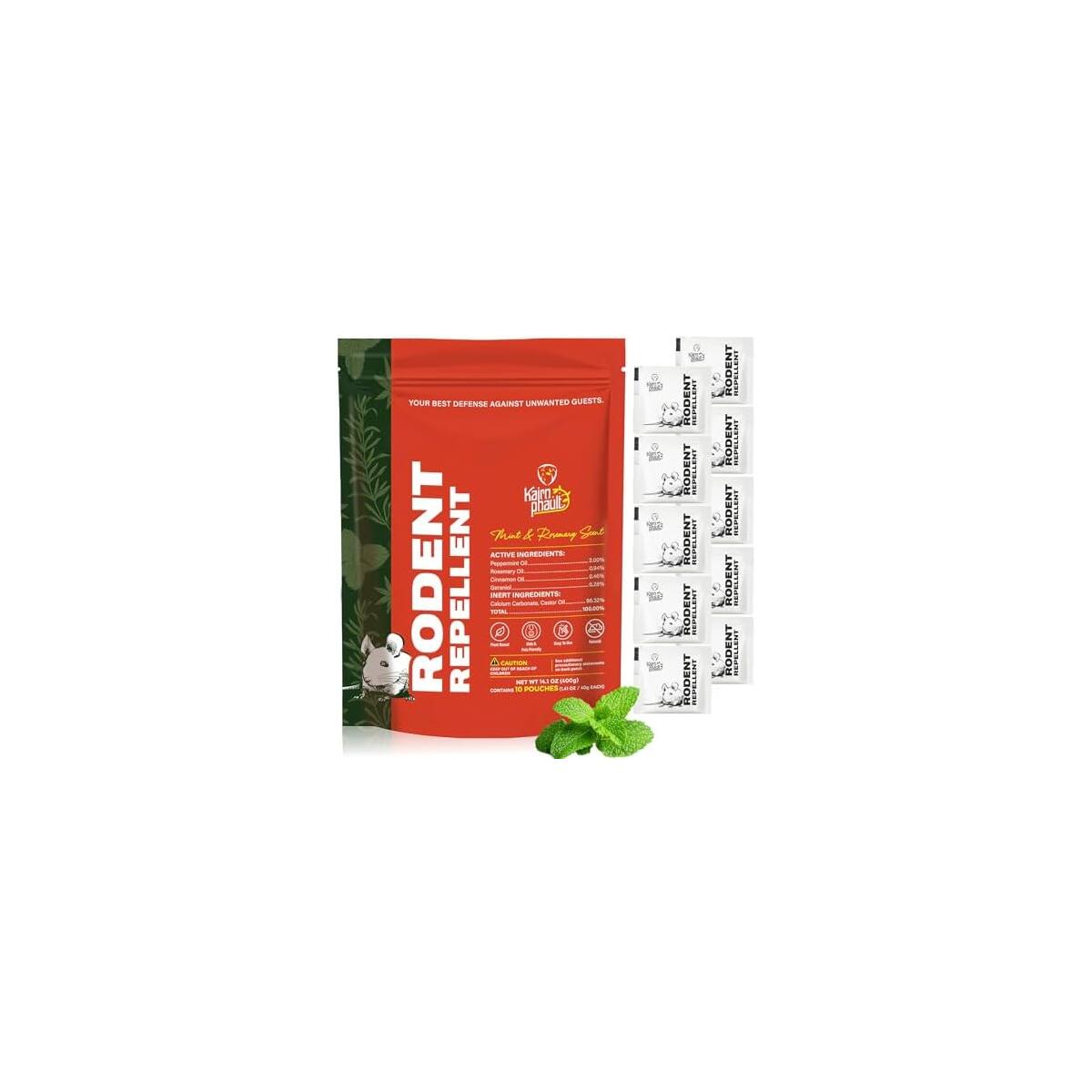 Rodent Repellent Pouches, Plant-Based Mouse Repellent with Peppermint Oil, Scent-Based Repellent for Mice, Rats & Squirrels, Mouse Repellent for Indoor & Covered Outdoor, 10 Pack