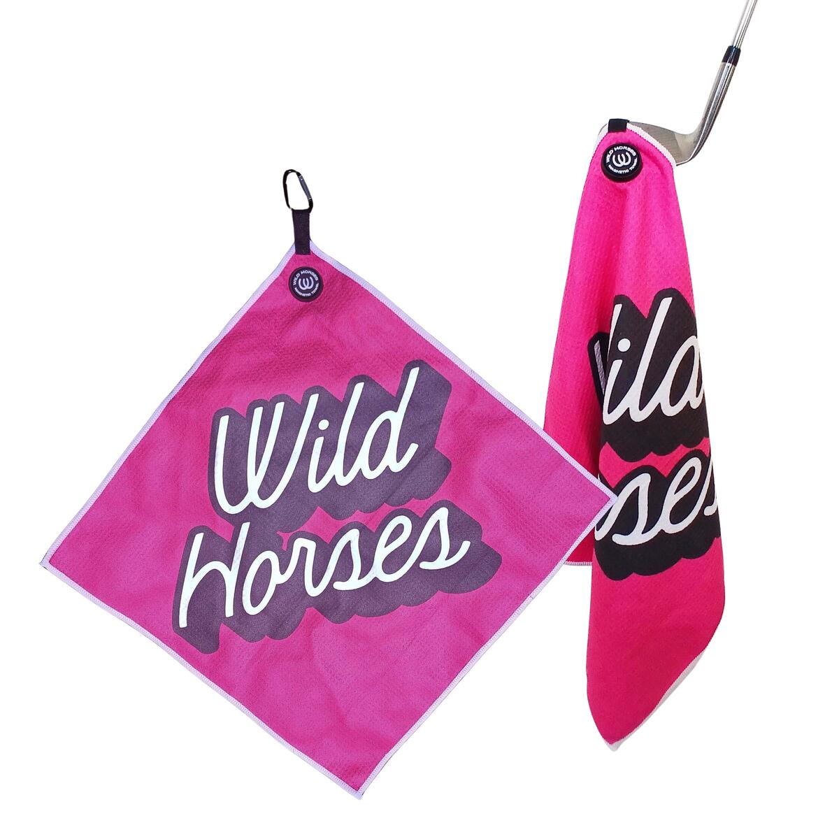Wild Horses Magnetic Ladies Golf Towel - Pink - Waffle Weave with Magnet and Carabiner for Women