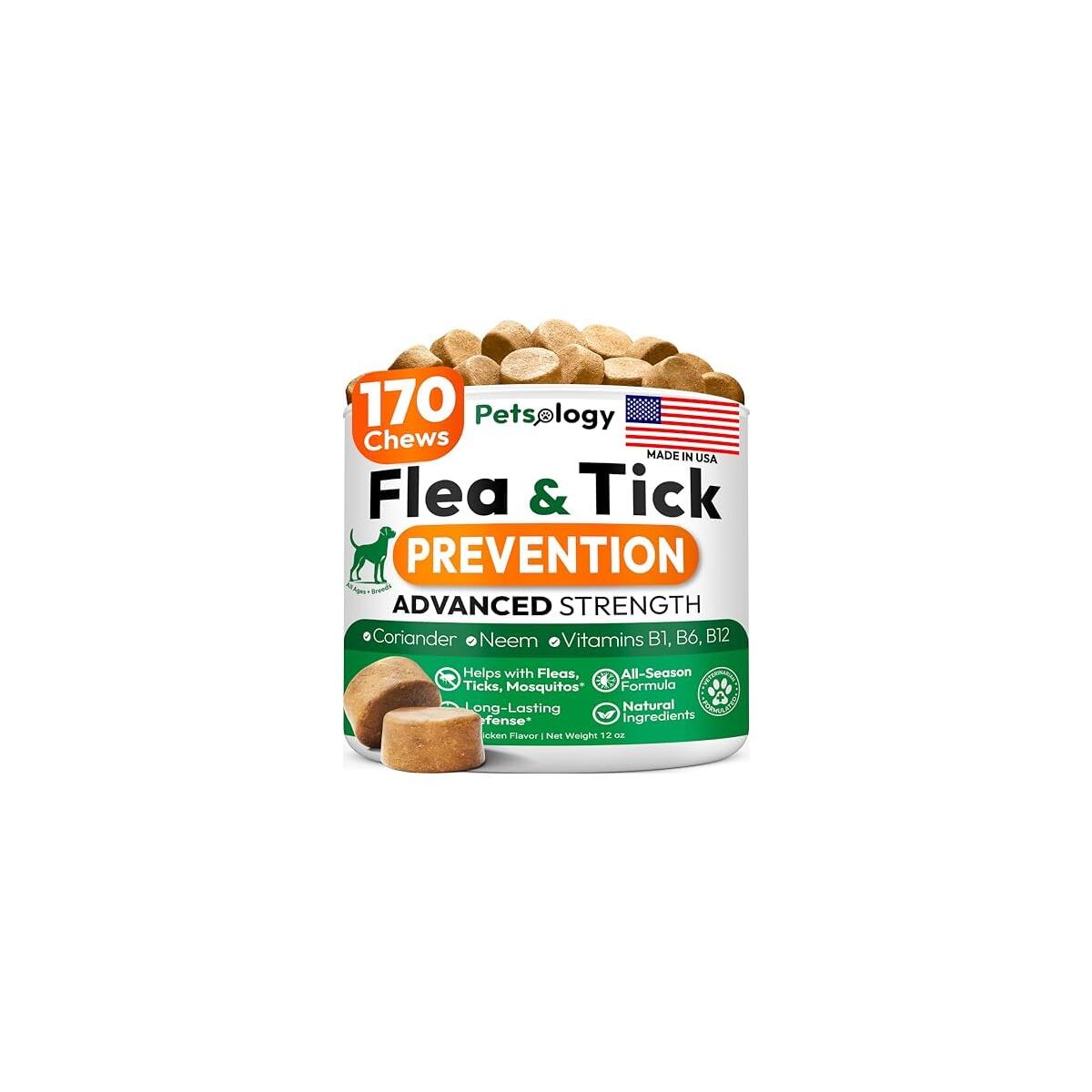 Flea and Tick Prevention for Dogs Pills - Natural Dog Flea & Tick Control - 170 Soft Chewables - Oral Defense Treatment for Dogs Supplement - Vet Formulated Chews - All Breeds & Ages - Made in USA