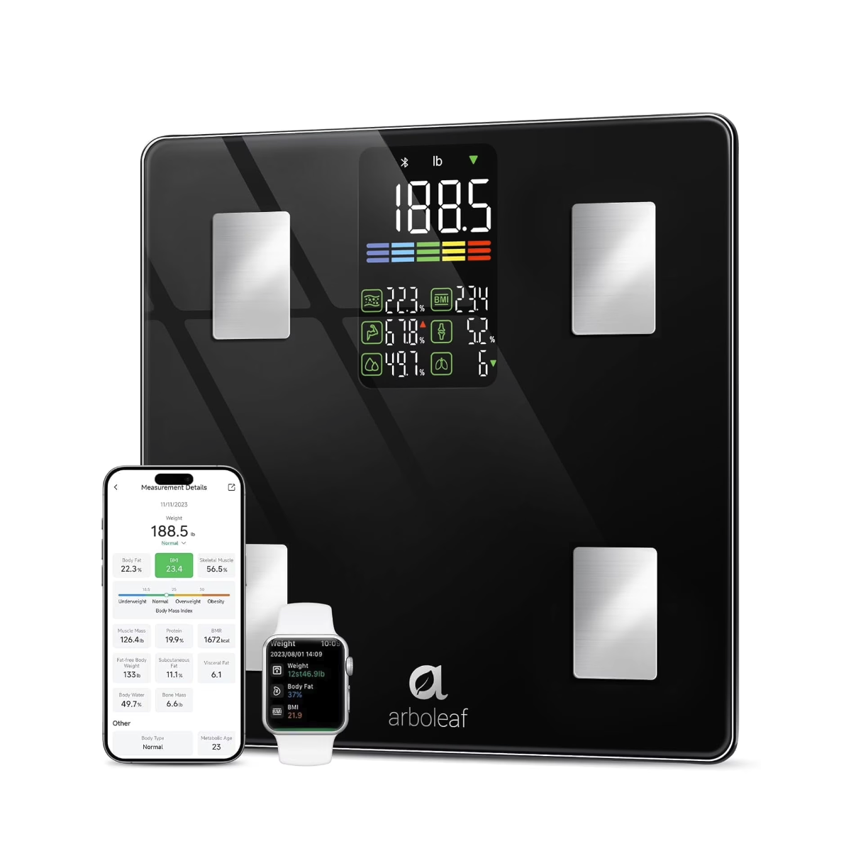 Arboleaf Smart Scale, Digital Bathroom Scale for Weight and Fat, 13 Body Data, 11.8", 498lbs-US-W-AF30007B1-0410