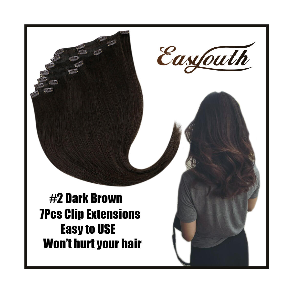 Easyouth Clip in Hair Extensions 16 Inches Color 2 Dark Brown 7 Pieces Per Set 80g