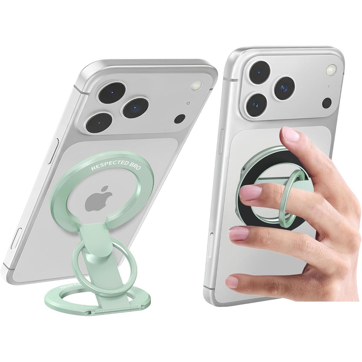 RESPECTED BRO-Magnetic-Phone-Ring-Holder with Dual Rings, Compatible with iPhone 17/16/15/14/13/12, Multifunctional Stand for Office, Gym, Kitchen & All Metal Surfaces, Finger Loop Grip (Light Green)
